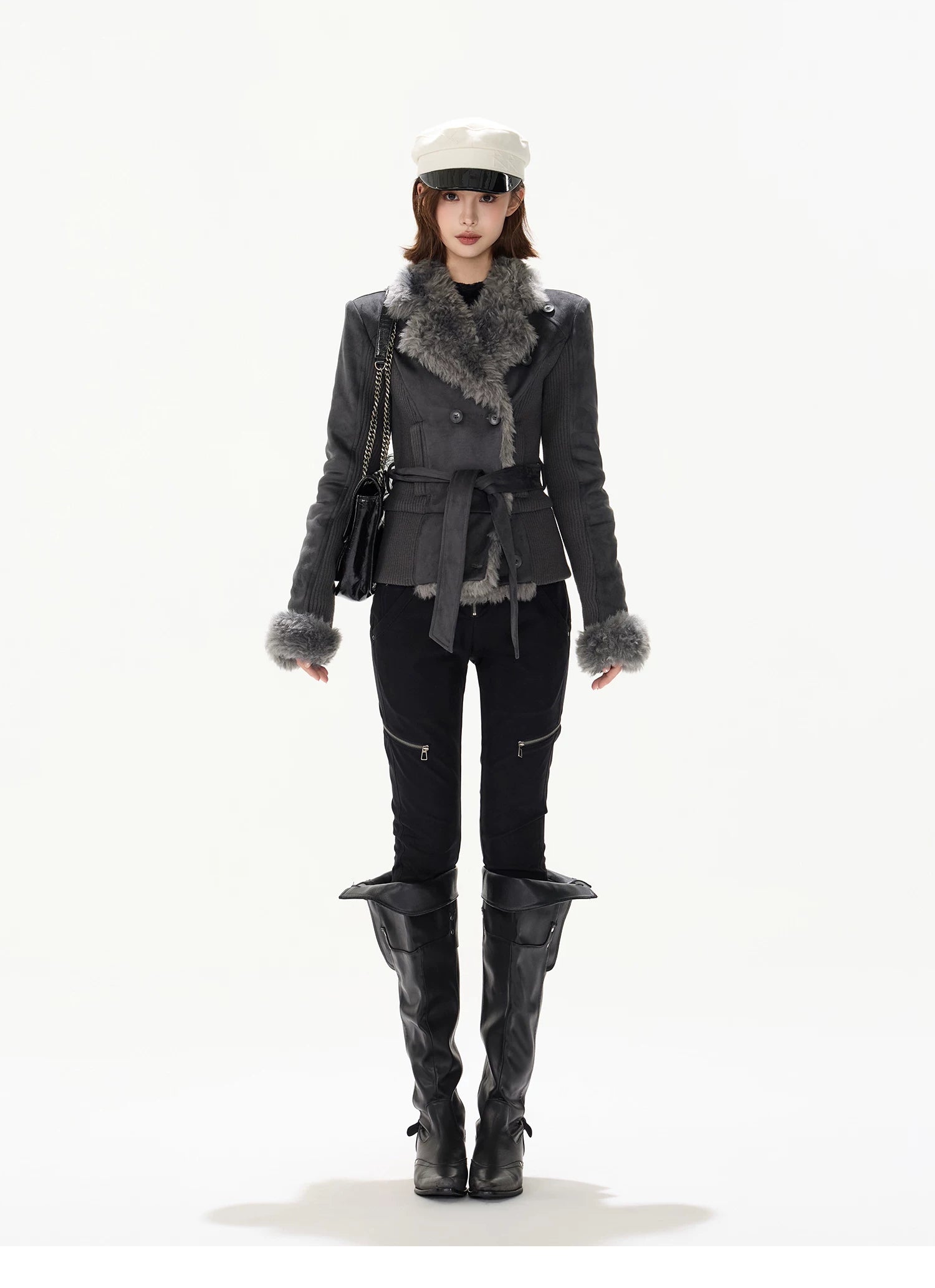 Suede Shearling Belted Jacket