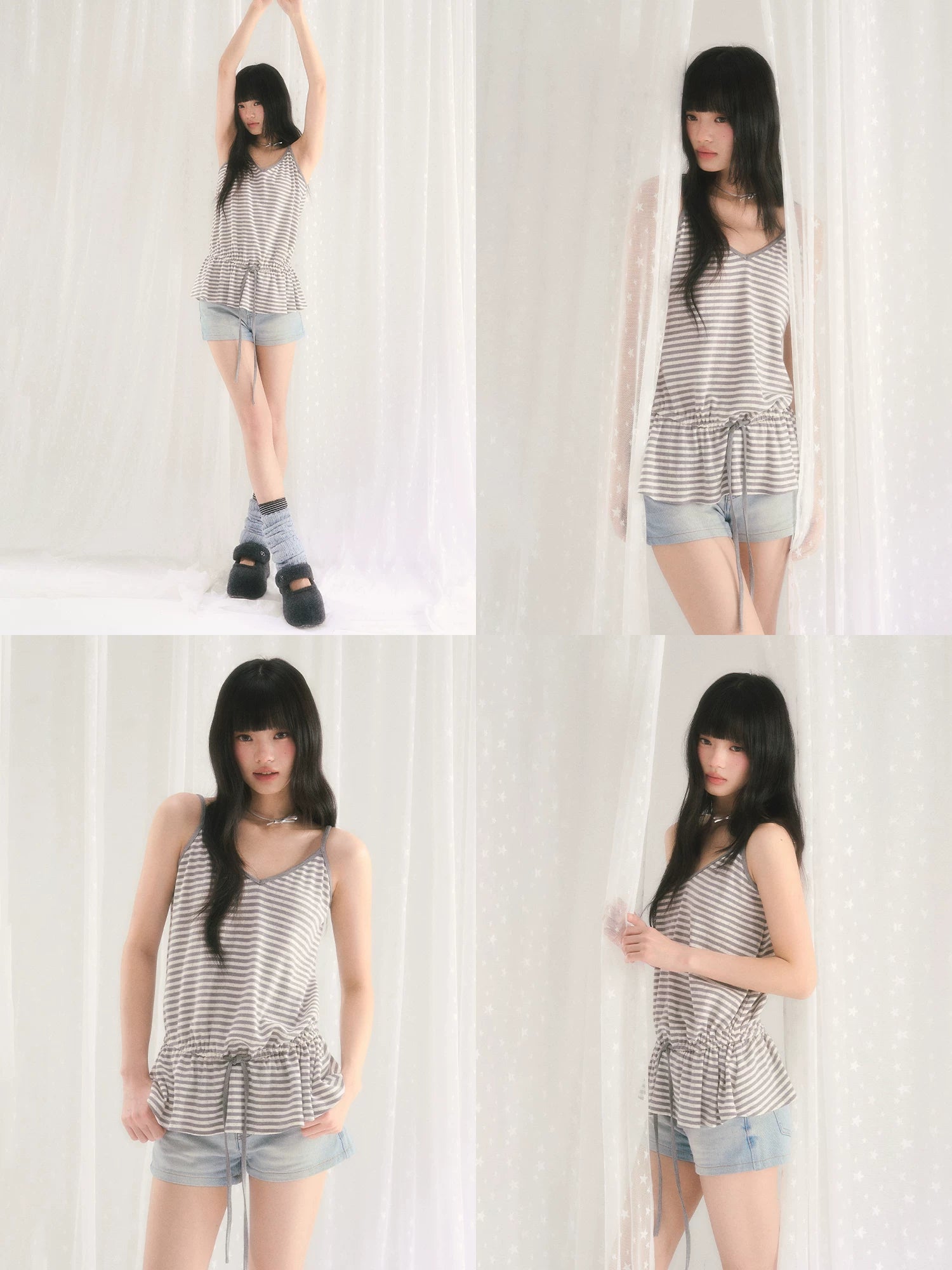 Gray Stripe Drawstring Top
