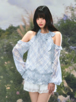 Plaid Halter Ruffle Blouse