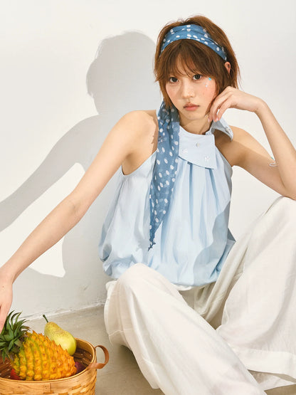 Halter Neck Off-Shoulder Crinkled Sleeveless Top