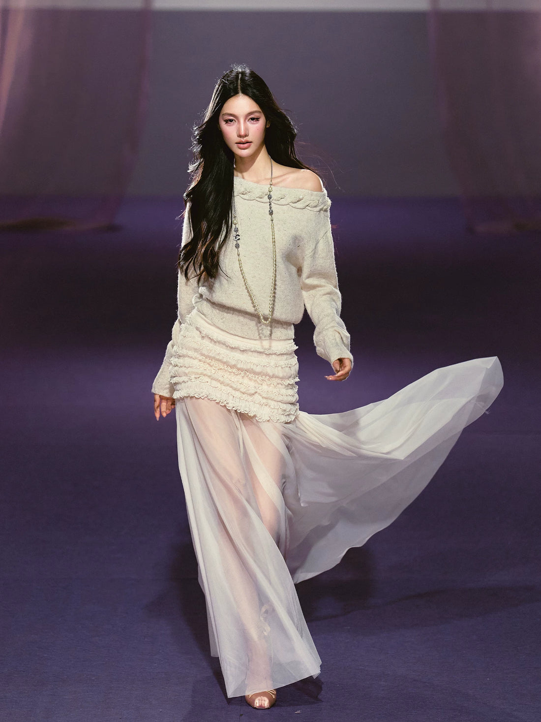 Pleated Mesh Maxi Skirt