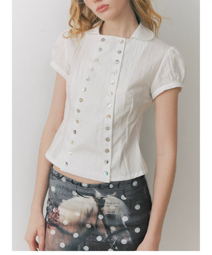 Shell Button Puff Sleeve Shirt
