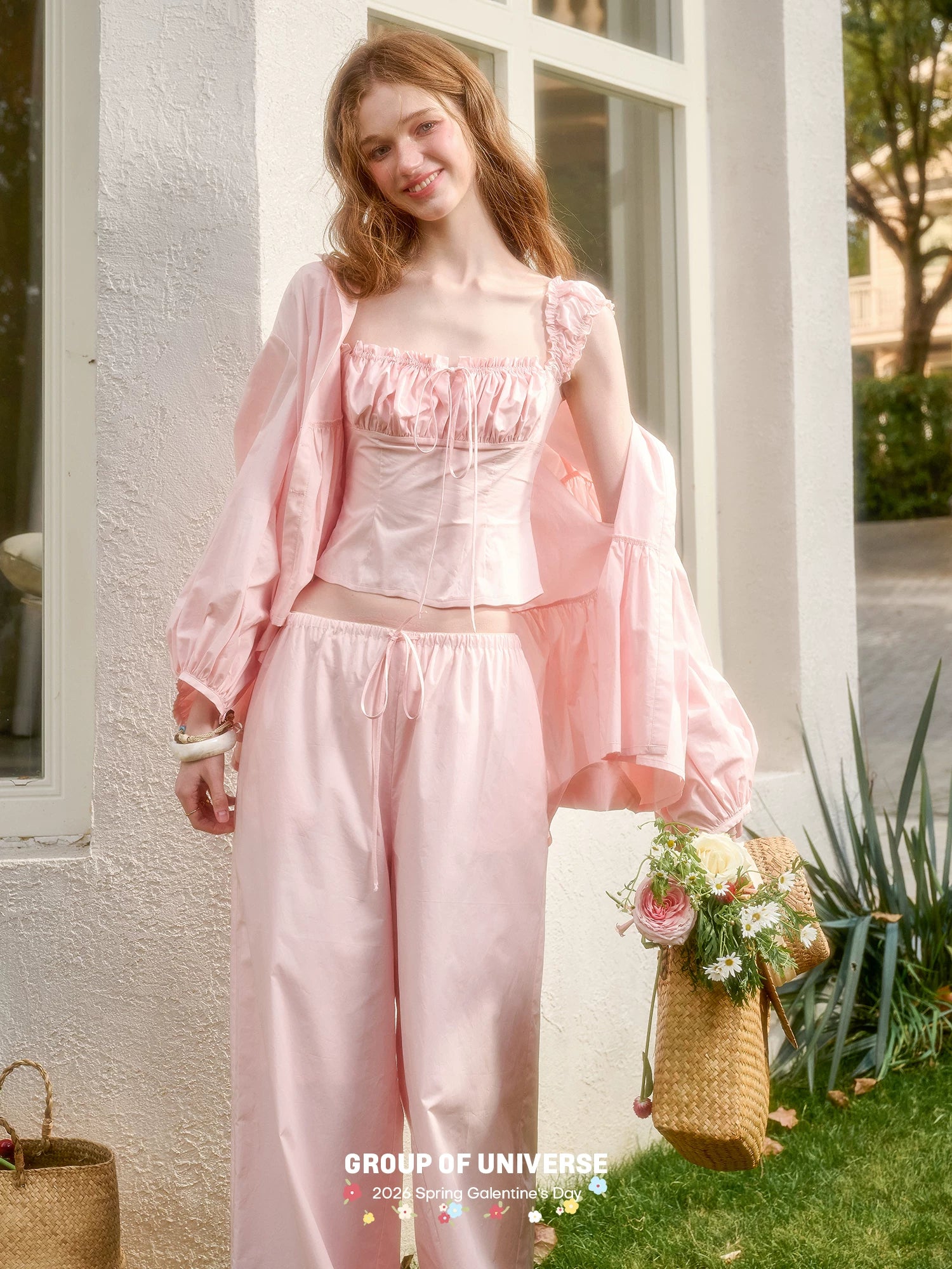 Pink Ruched Drawstring Top &amp; Pants Set
