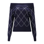 Navy Blue Off-shoulder Diamond-pattern Knit Sweater