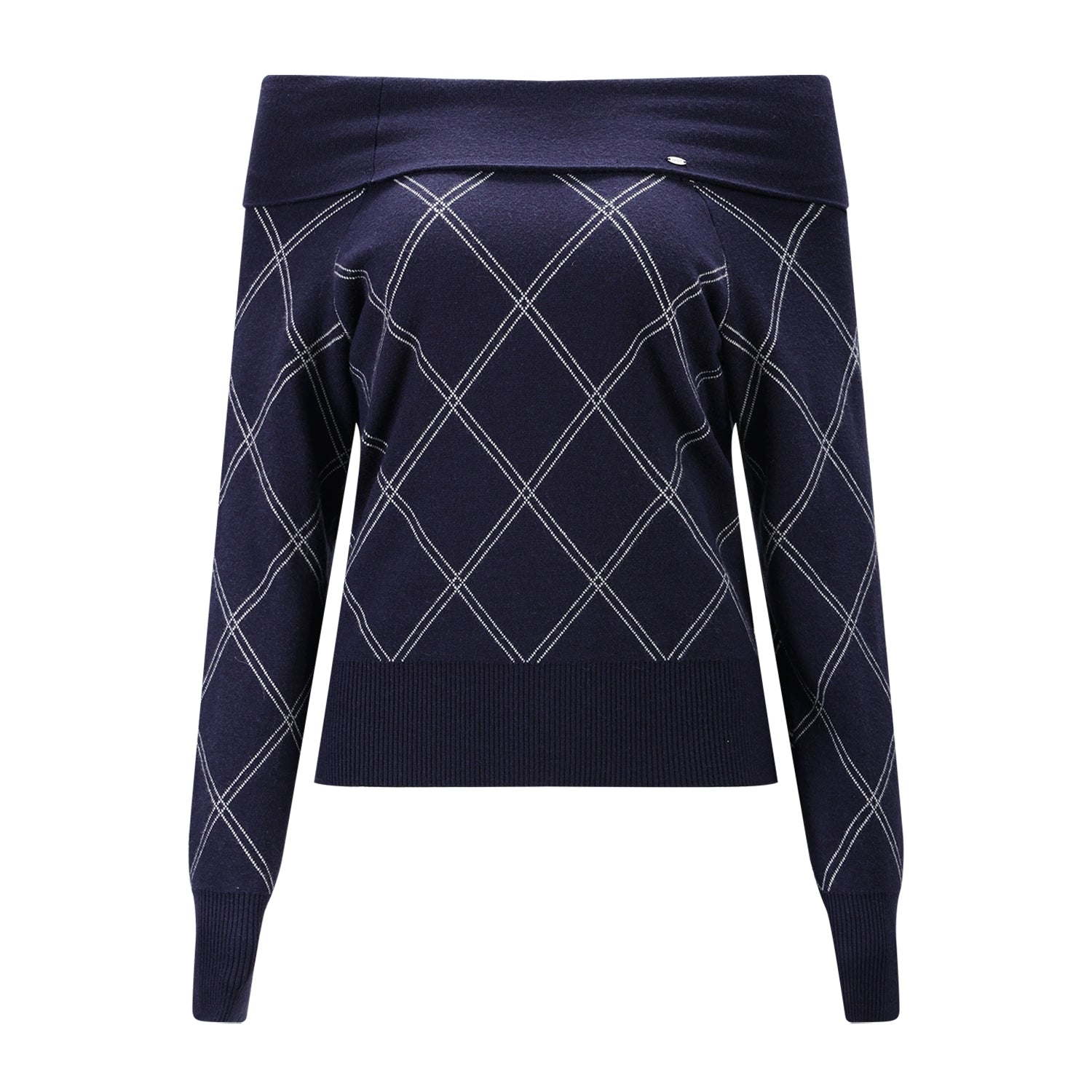 Navy Blue Off-shoulder Diamond-pattern Knit Sweater