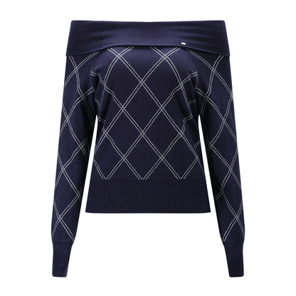 Navy Blue Off-shoulder Diamond-pattern Knit Sweater