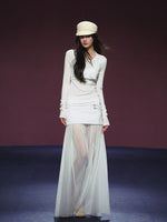 Lyocell Fake Two-piece Sheer Blouse & Skirt Set
