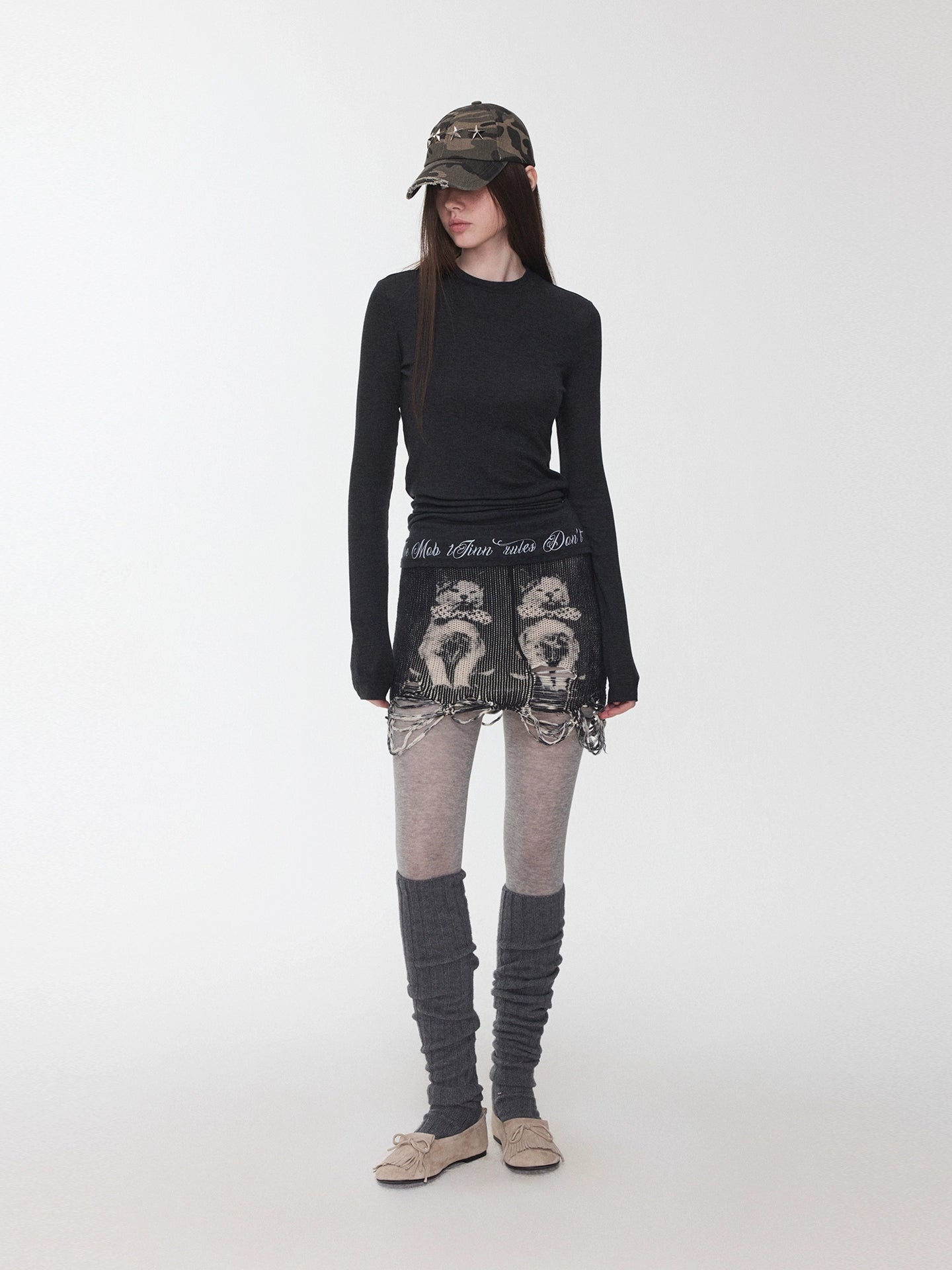 Basic Letter Print Semi-Sheer Long Sleeve Tee
