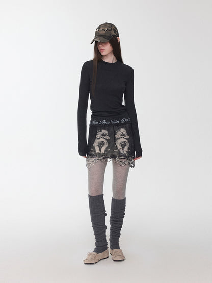 Basic Letter Print Semi-Sheer Long Sleeve Tee