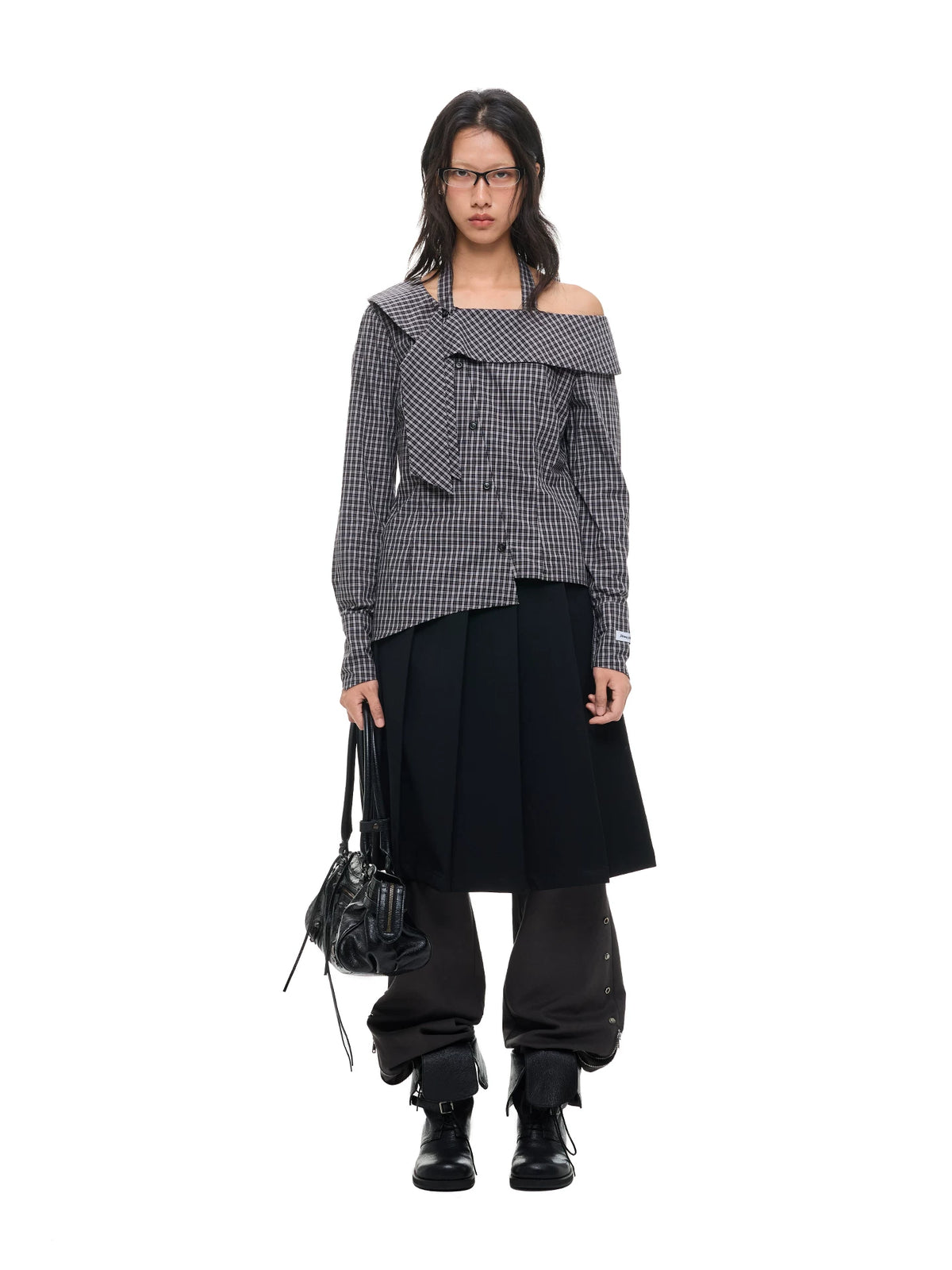 Asymmetric Plaid Off-Shoulder Shirt
