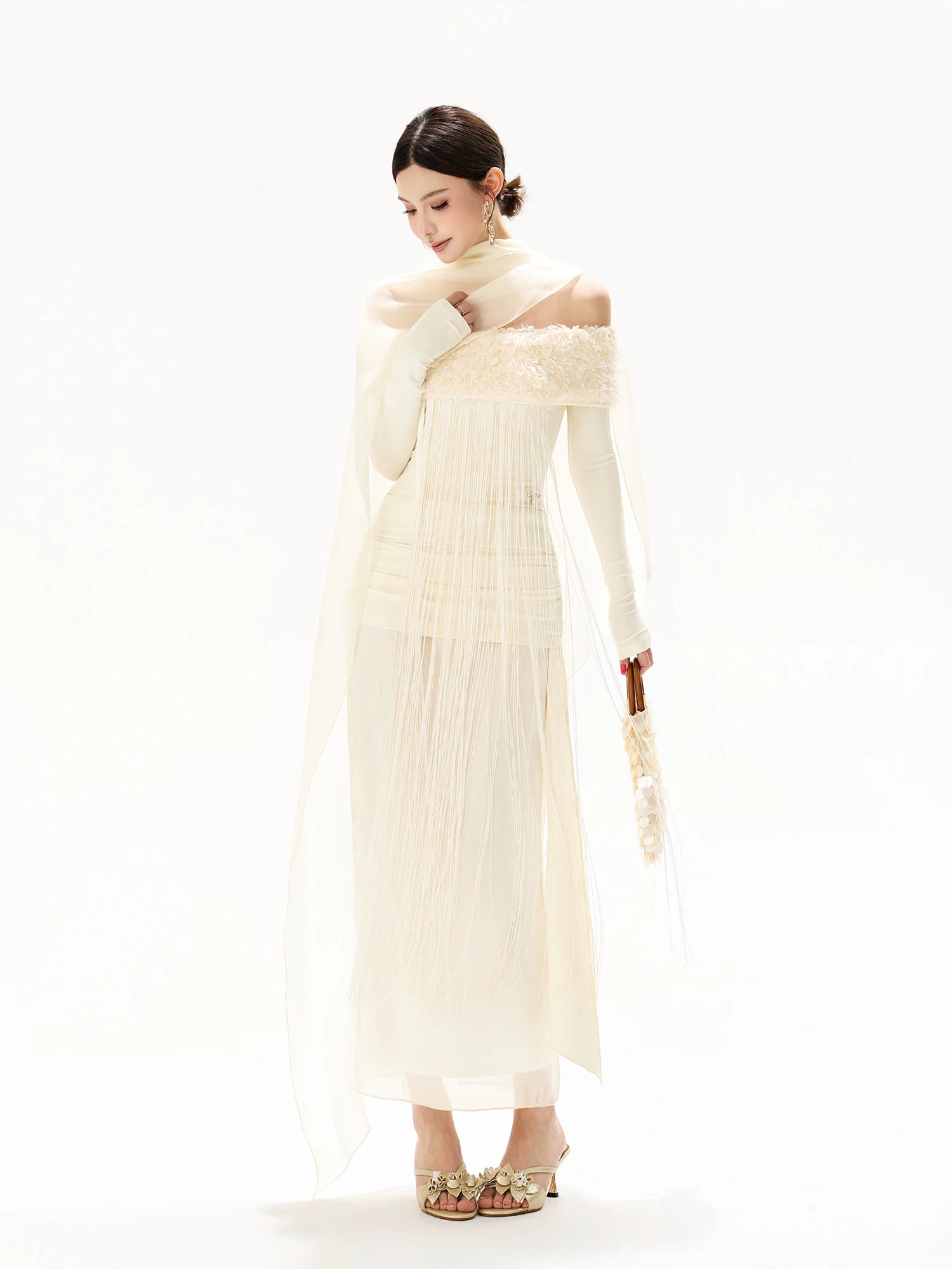 Feather Sequin Off-Shoulder Dress