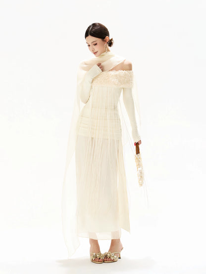 Feather Sequin Off-Shoulder Dress