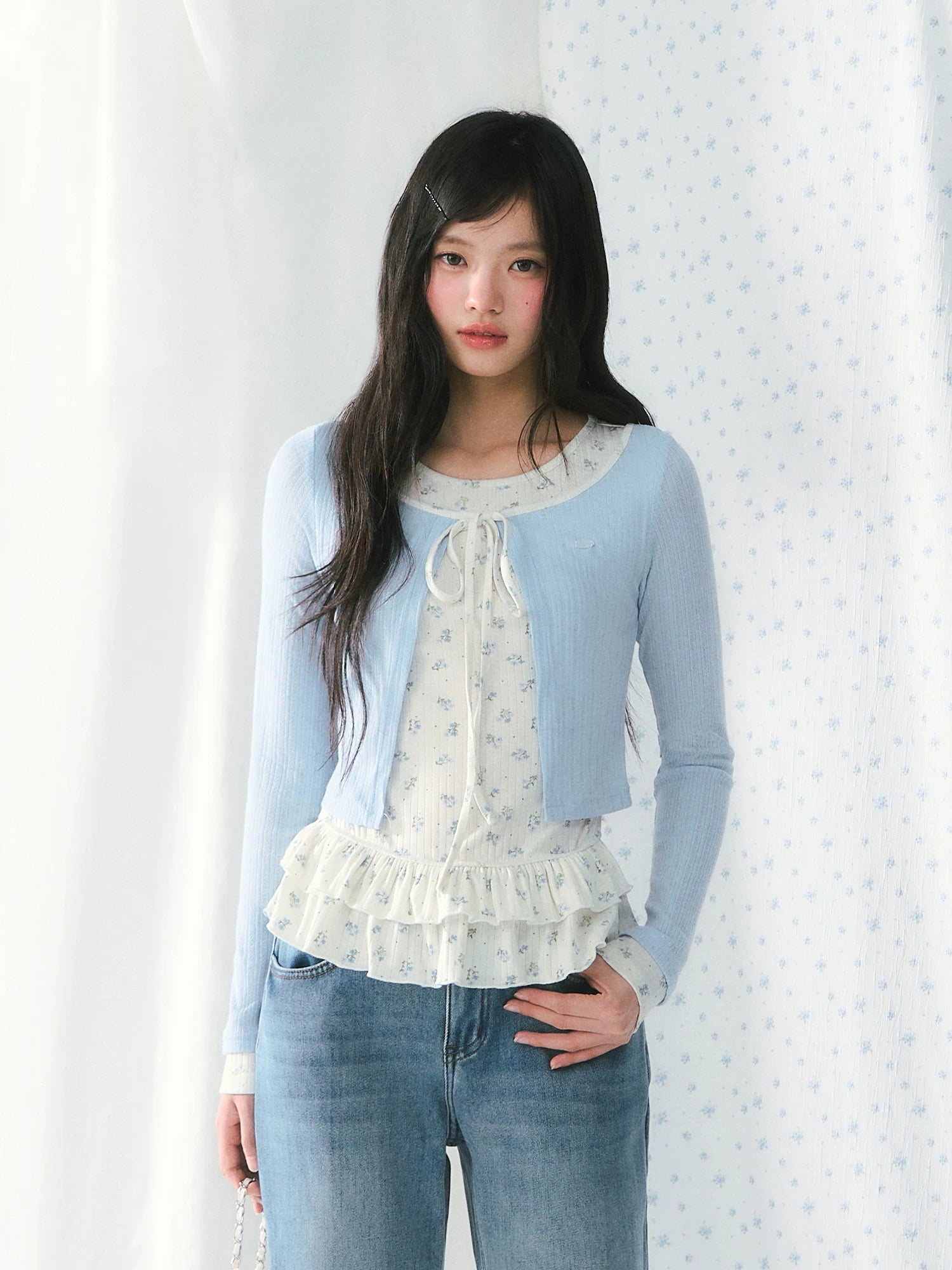 Floral Ruffle Faux Layered Knit Top