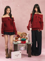 Red Off Shoulder Bow Knit Sweater