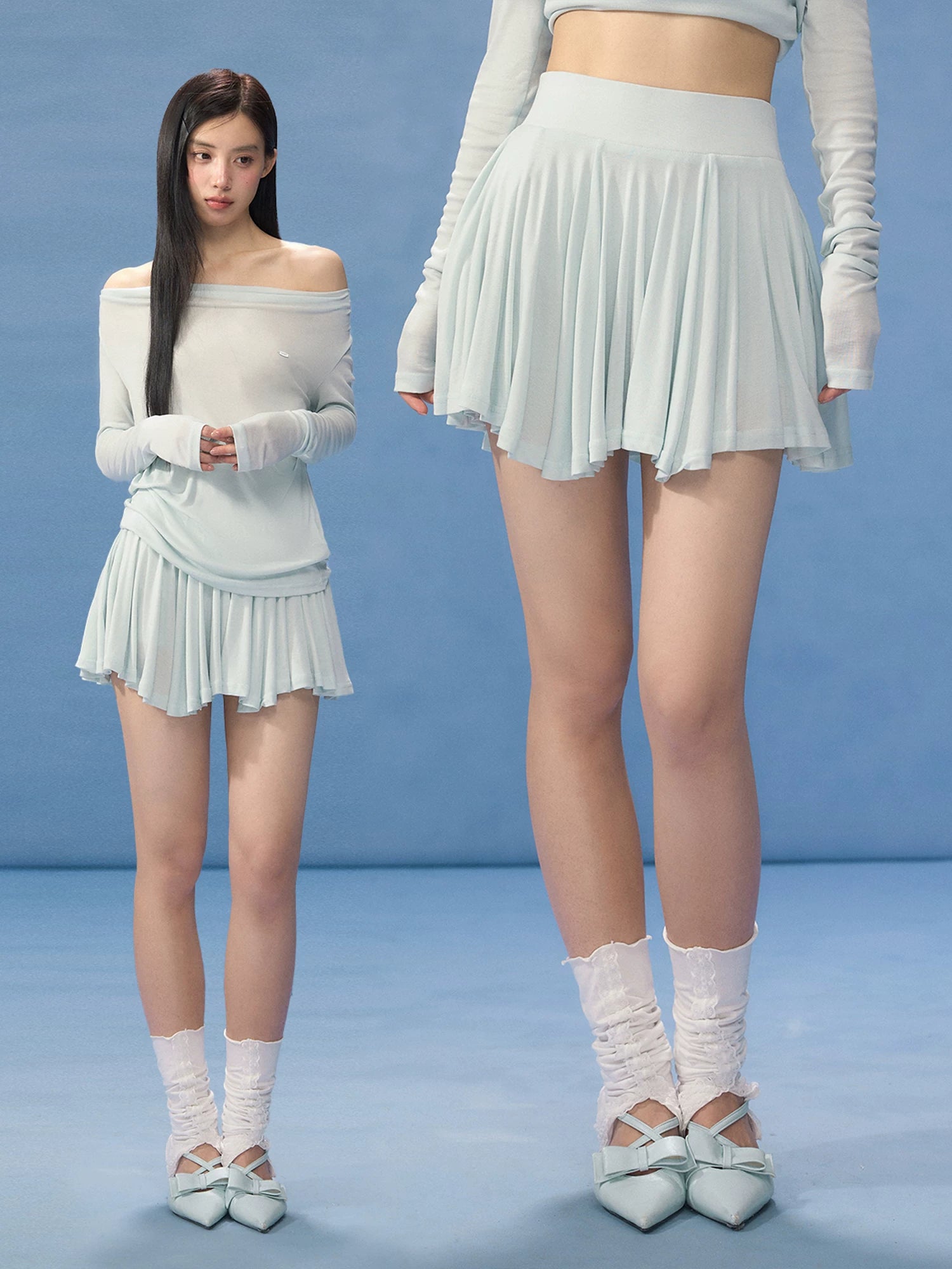 Blue Pleated Mini Skirt