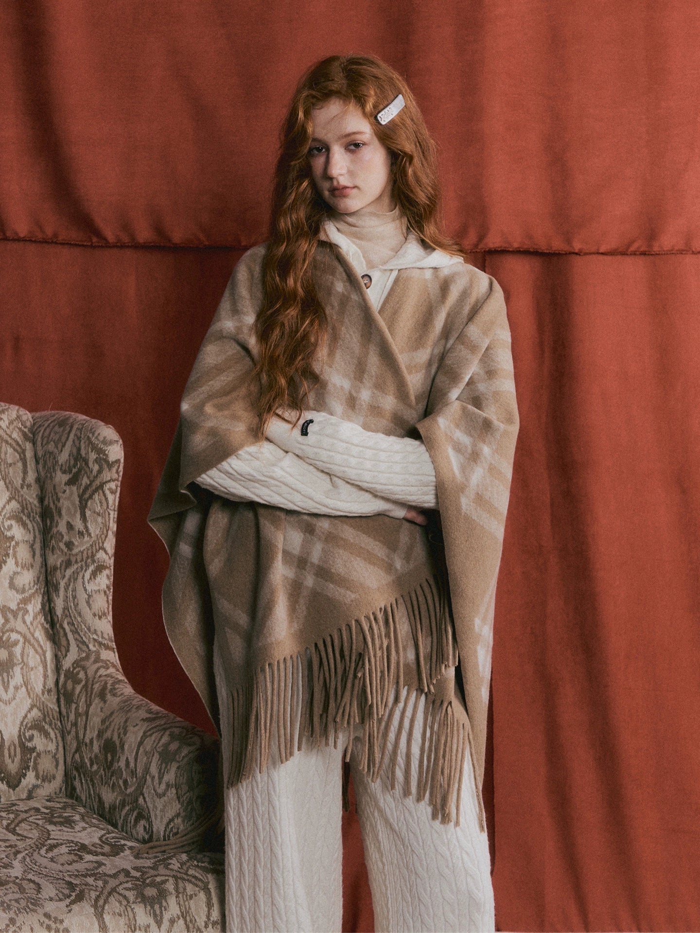 Retro Check Tassel Cape Scarf