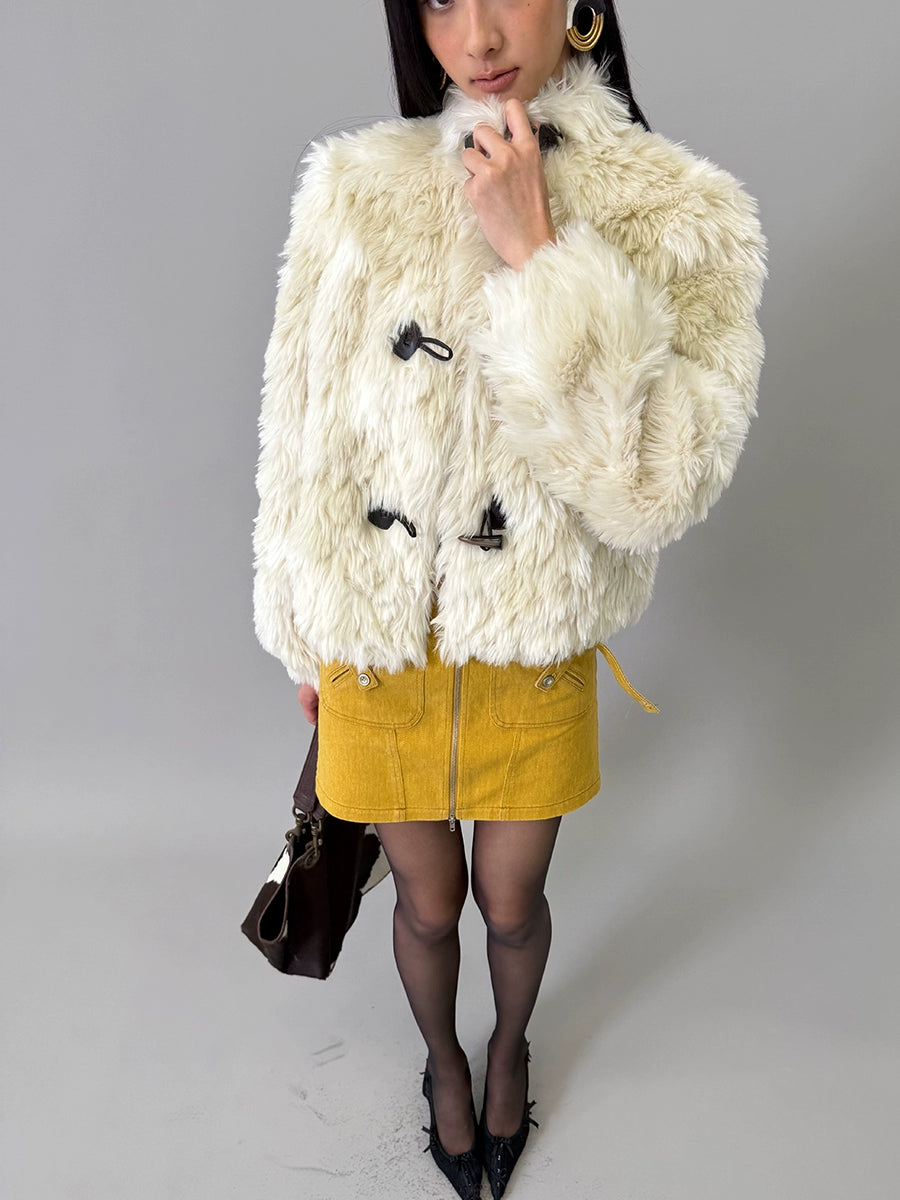 Faux-Fur Stand-Collar Toggle Cropped Jacket