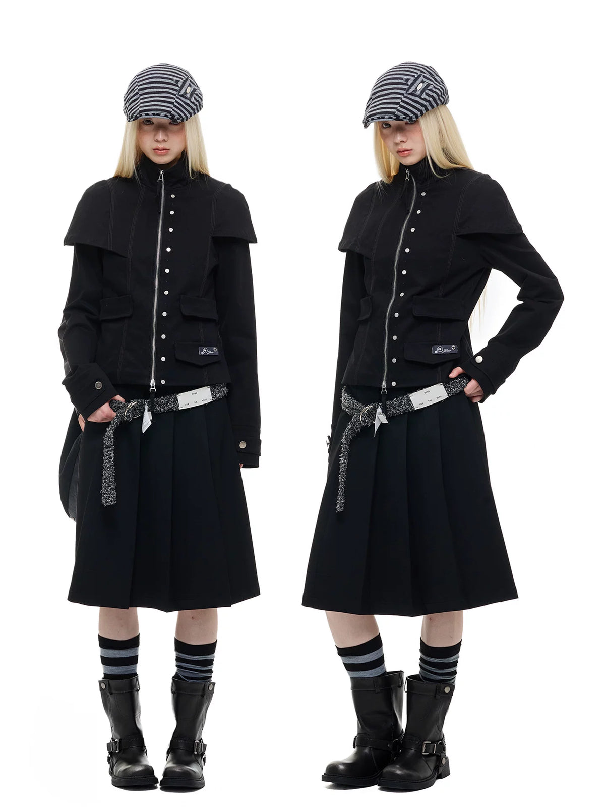 Double Zip Stand Collar Cropped Jacket