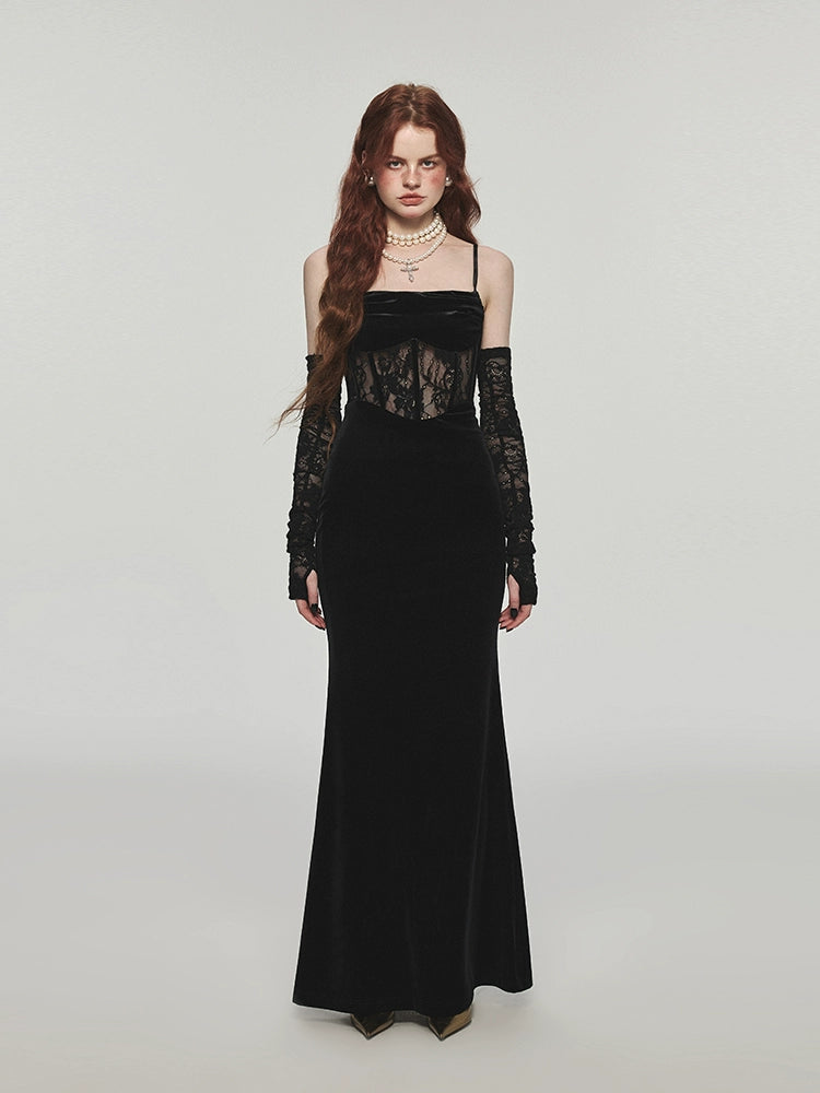 Fishbone Strap Long Velvet Bodycon Dress