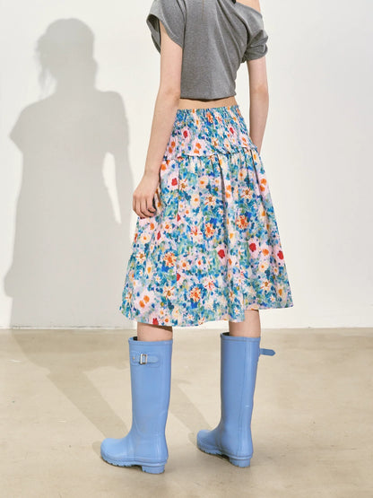 Floral Waist-cinching Slim-fit Midi A-line Skirt