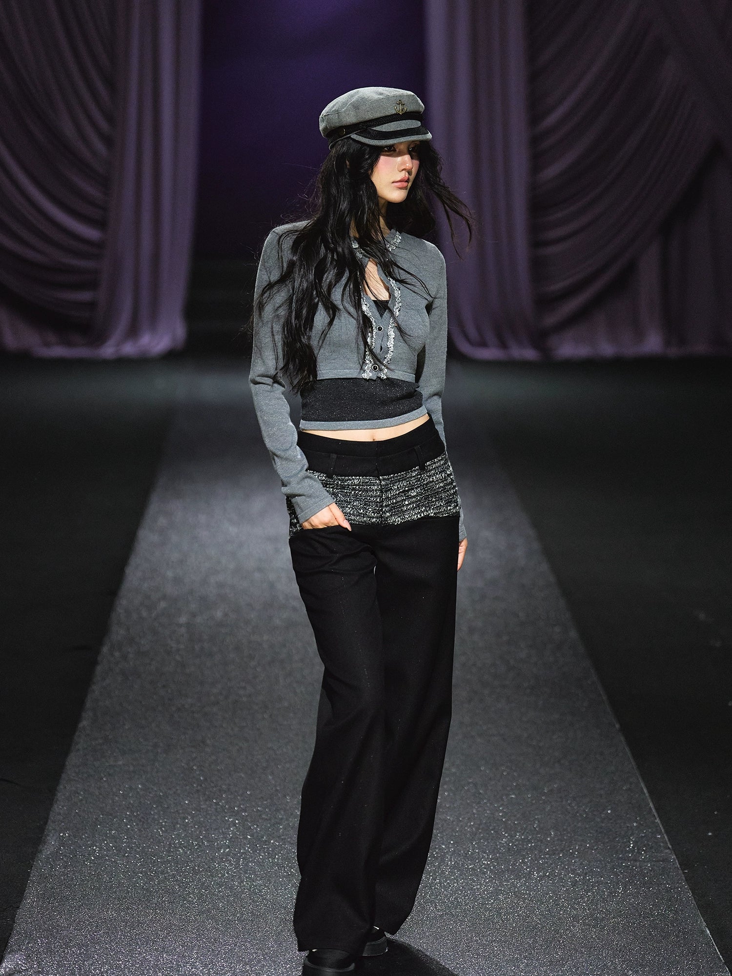 Contrast Waistband Tweed-Panel Straight Pants