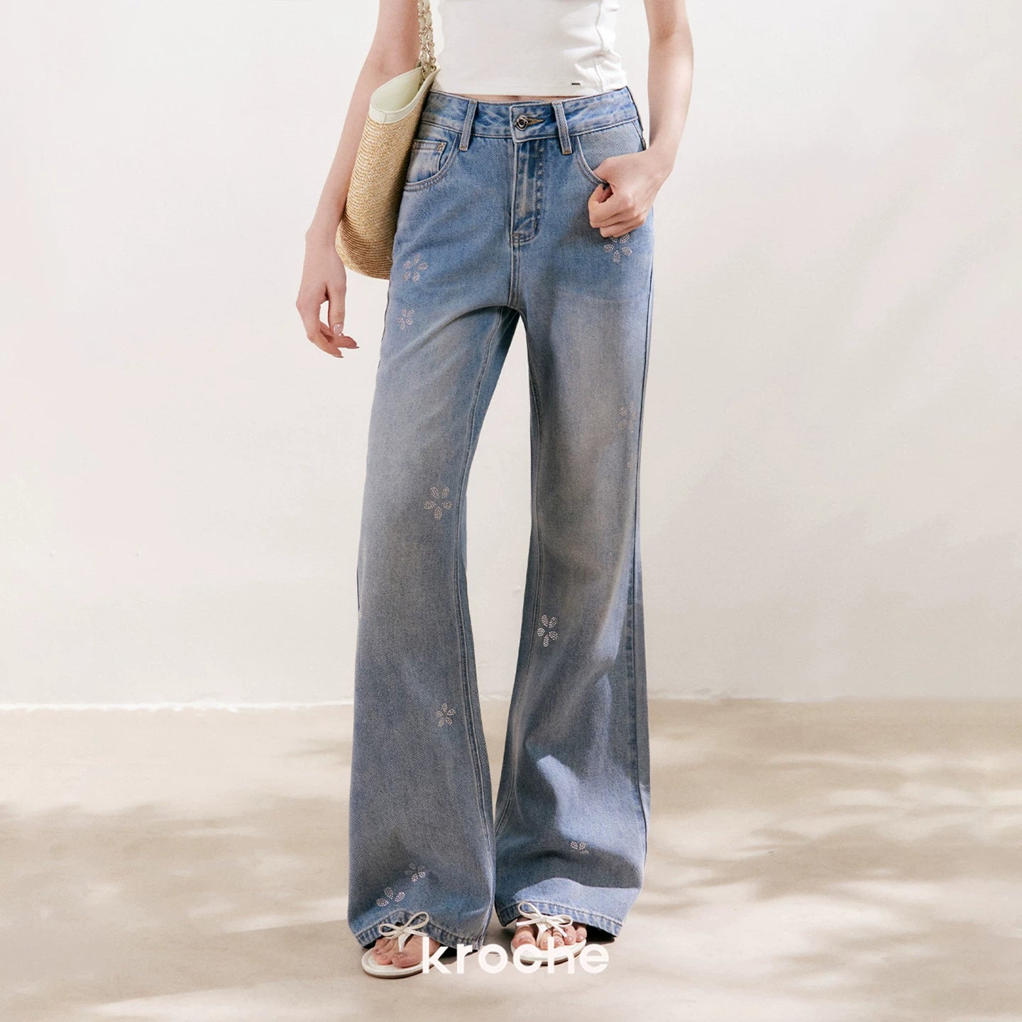 Floral Rhinestone Flared Jeans