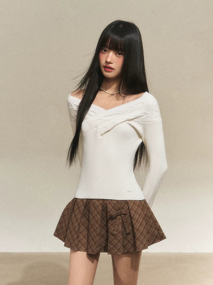 Off-Shoulder V-Neck Knit Top