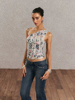 Vintage Print One-Shoulder Crop Top