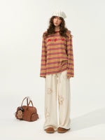 Color-Block Applique Embroidered Striped Long-Sleeve T-Shirt