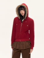 Red Fur Trim Hooded Fitted Cardigan