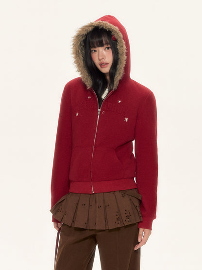 Red Fur Trim Hooded Fitted Cardigan