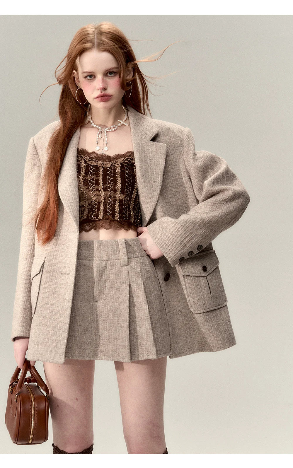 Coffee-Colored Suit Jacket &amp; Skirt Set