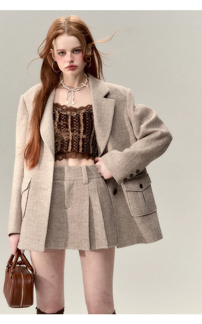 Coffee-Colored Suit Jacket &amp; Skirt Set