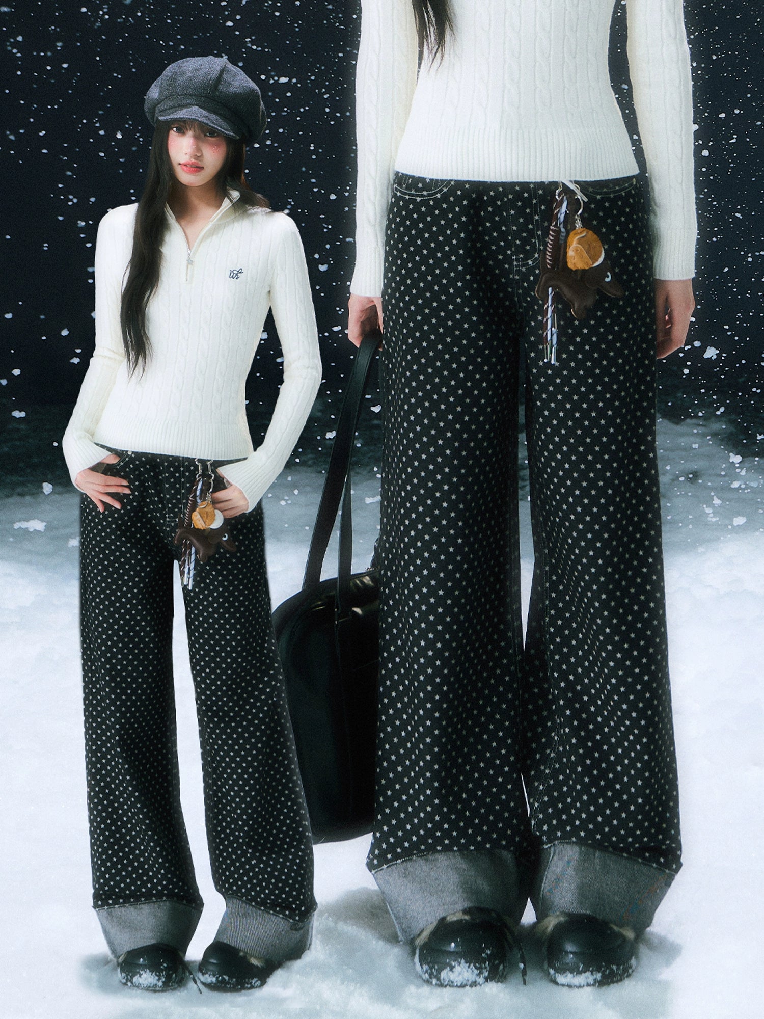 Star Pattern Wide-Leg Denim Pants