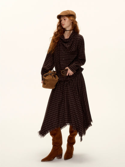 Frayed Hem Plaid Studded Belt Asymmetric A-Line Midi Skirt