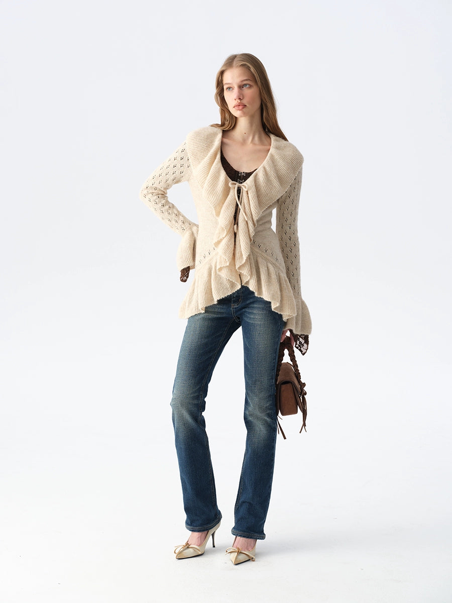 Two-Tone Openwork Ruffle Longline Cardigan