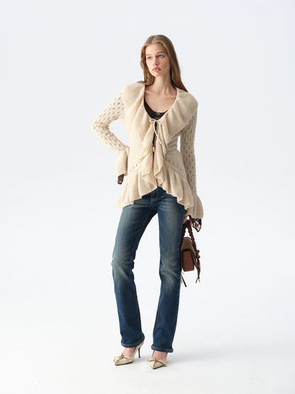 Two-Tone Openwork Ruffle Longline Cardigan