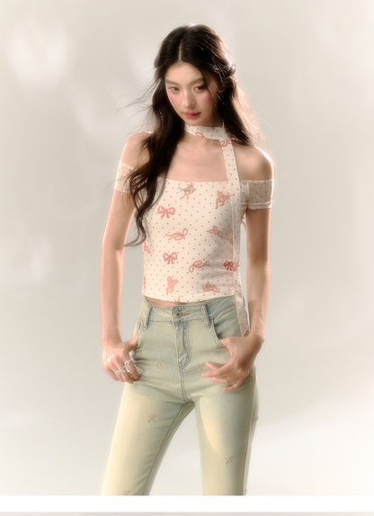 Red Polka Dot &amp; Pink Butterfly Mesh One-shoulder T-shirt