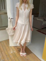 Apricot Tie V-Neck Shirt & Lace Skirt Set