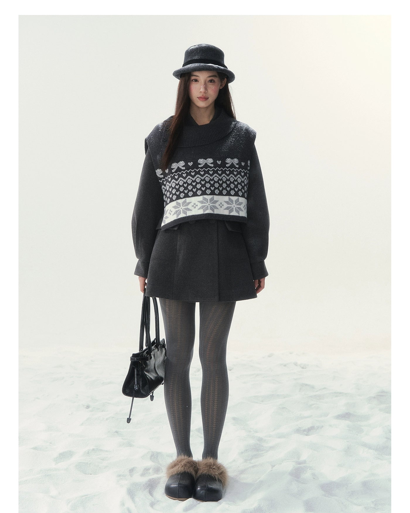 Double-Breasted Fur-Collar Coat Set