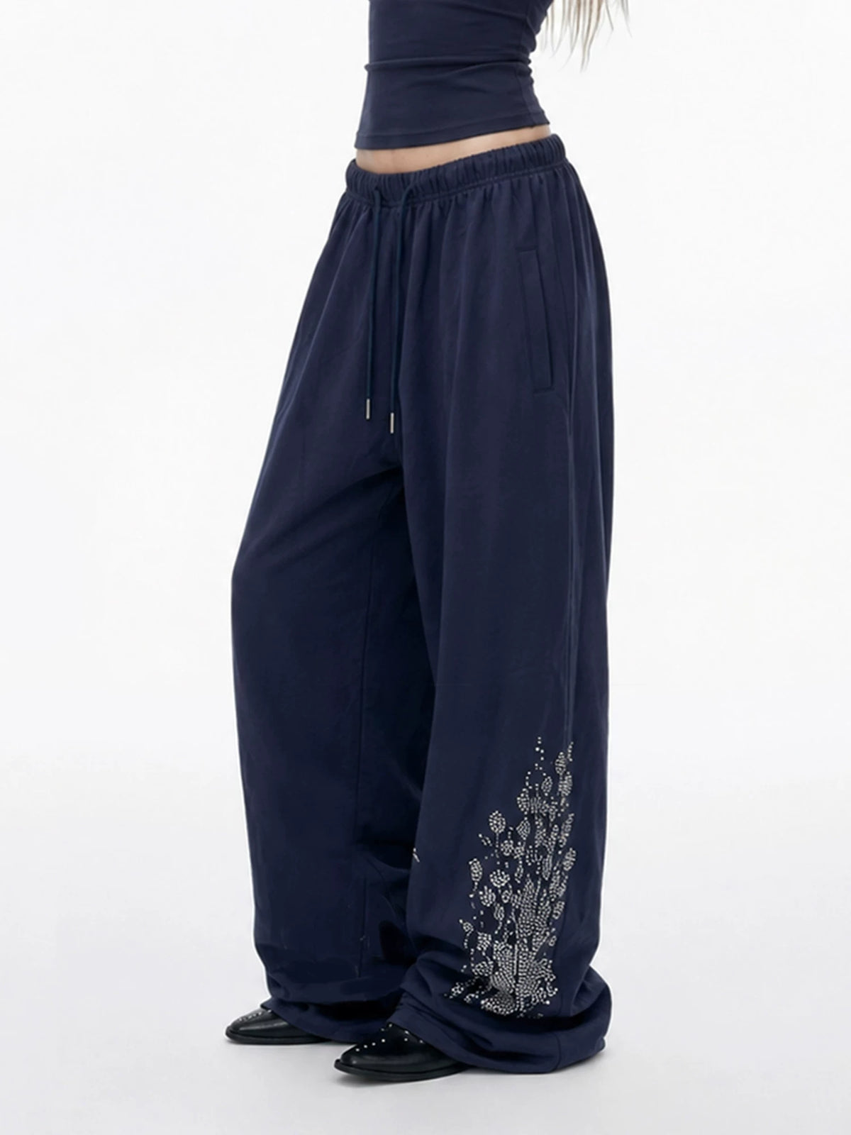 Navy Rhinestone Wide Leg Pants