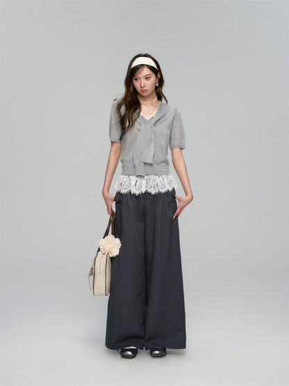 V-neck Lace Knit Short-sleeve T-shirt