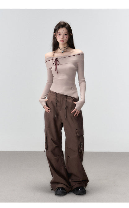 Black &amp; Brown Off-shoulder Knitted Long Sleeve T-shirt