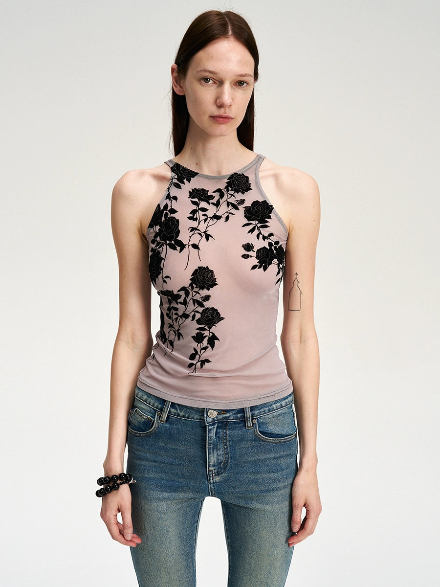 Flocked Mesh Floral Violet Cami