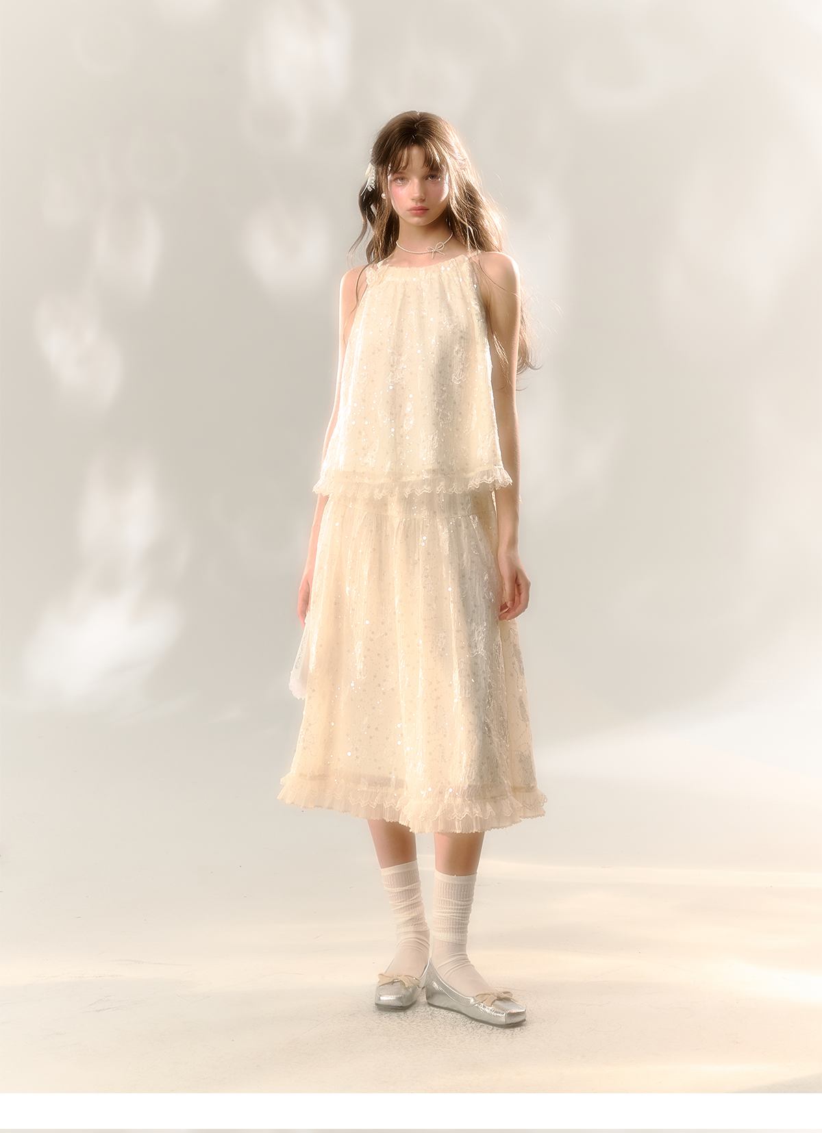 White Butterfly Lace Halter Top  &amp; Midi Skirt Set
