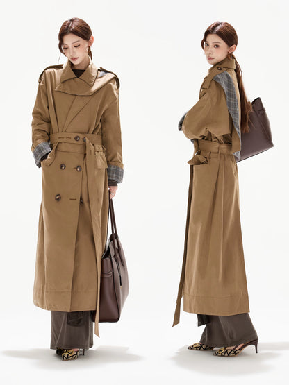 Khaki Plaid Belted Trench Coat
