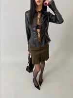 Faux-Leather Tie-Front Lace-Trim Cardigan