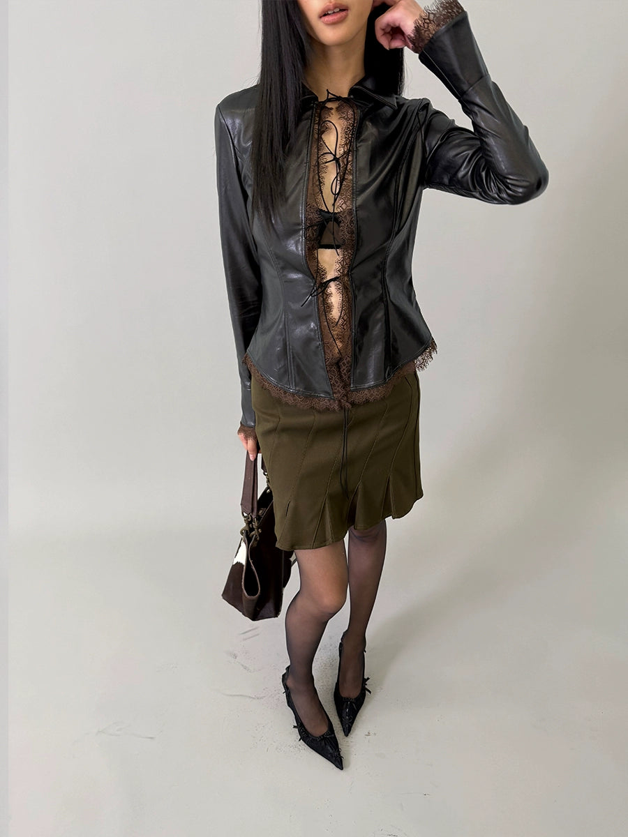 Faux-Leather Tie-Front Lace-Trim Cardigan