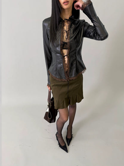 Faux-Leather Tie-Front Lace-Trim Cardigan