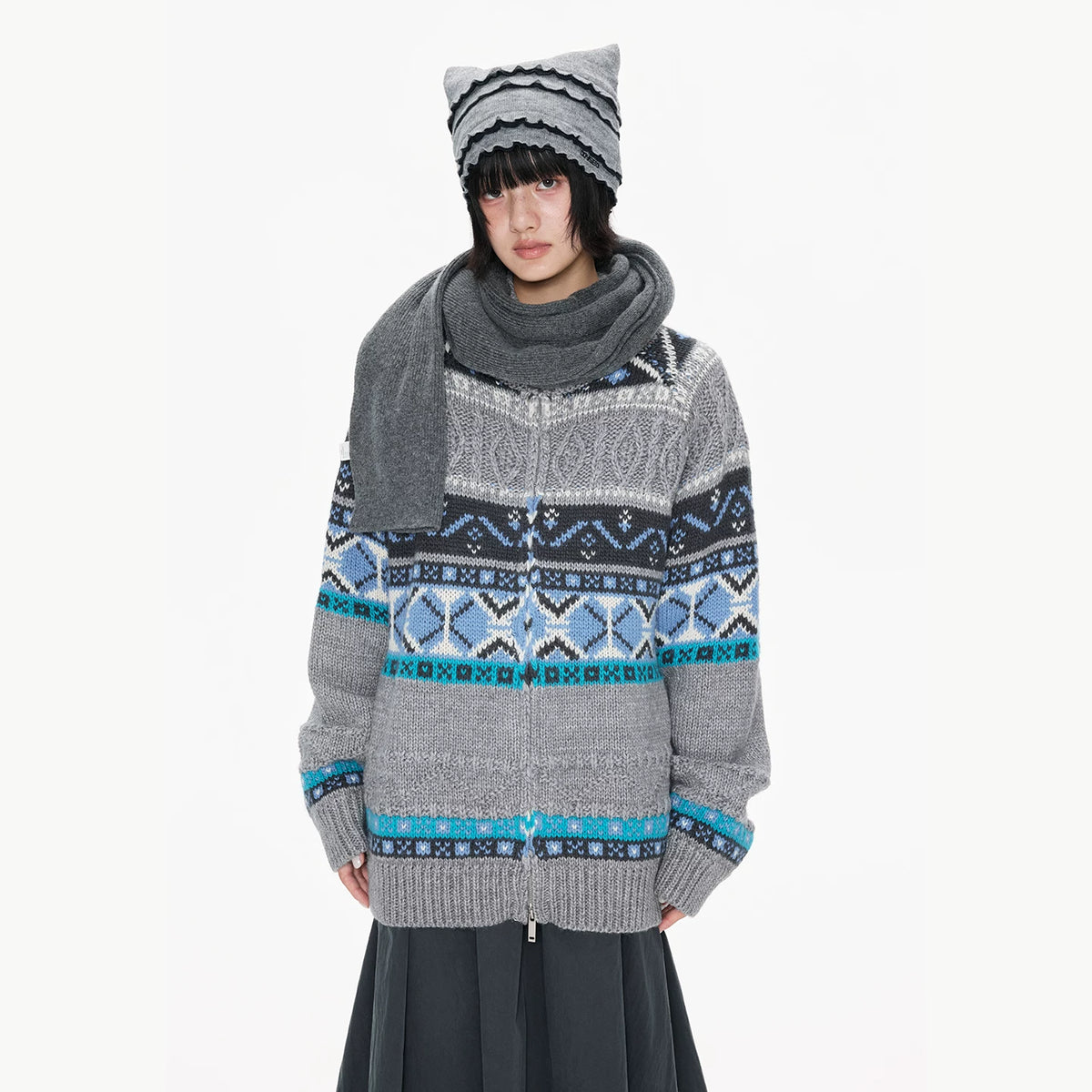 Contrast Stand Collar Knit Cardigan